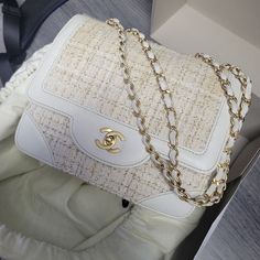 Vintage Chanel. Good Condition. Approximately "W X 7.5"H X 3"D Cream Chanel Bag, Luxury Tweed Shoulder Bag, Luxury Tweed Bags For Everyday, Luxury Tweed Rectangular Bag, Luxury Tweed Shoulder Bag For Everyday Use, Designer Tweed Bags In Rectangular Shape, Designer Tweed Rectangular Bag, Luxury Tweed Evening Bag, Designer Tweed Shoulder Bag Rectangular