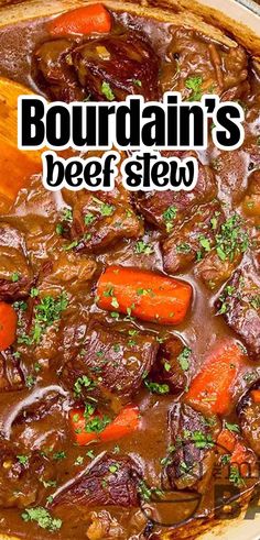 a pot filled with beef stew and carrots