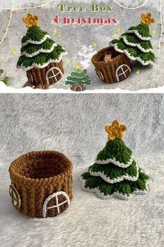 two crocheted christmas trees and a small house