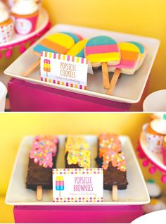 popsicle brownies are displayed on trays in different colors and designs, along with cupcakes