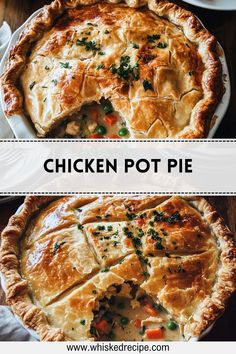 chicken pot pie is shown in two different images with the words chicken pot pie above it