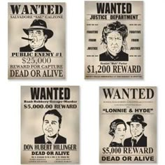 four wanted posters are displayed on the wall