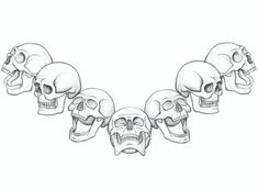 five skulls with different facial expressions on their faces, all lined up in a row