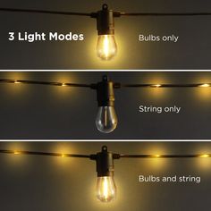 three different types of string lights with bulbs and strings attached to each other, labeled 3 light modes