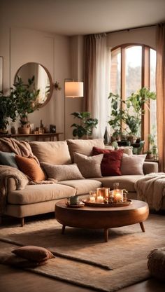 a living room filled with lots of furniture and candles on top of a coffee table