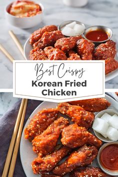 the best korean fried chicken recipe with chopsticks and dipping sauce in bowls next to it