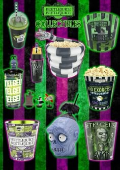 various halloween themed items are arranged on a green and purple striped background with black stripes