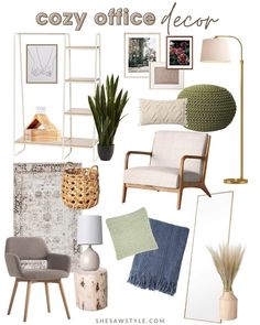 a collage of furniture and decor items with the words cozy office decor above it