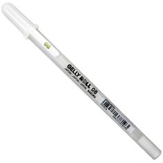 a white pen with black writing on the tip and an eraser attached to it