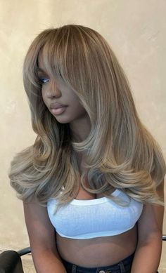 Cool Toned Blonde Hair Black Women, Long Blonde Hair With Layers Black Women, Shades Of Blonde Black Women, Toned Blonde Hair Black Women, Blonde Wig Dark Skin, Toned Blonde Wig Black Women, Ginger Hair Color, Honey Blonde Hair, Dyed Hair Inspiration