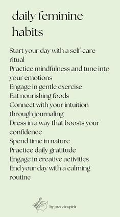 Feminine habits to practice daily. #femininehabits #energyprotection #feminine #lifestyletips #affirmations #feminineaffirmations #femininespirituality #elegance #journaling #mindfulnes #spirituality Healing The Feminine, How To Step Into Your Feminine Energy, Feminine Hobbies, Feminine Habits, Feminine Fatale, Spiritual Habits, Therapist Tips, Spiritual Grounding, Good Leadership Skills