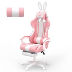 a pink and white office chair with bunny ears on the back, next to a roll of toilet paper