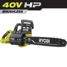 a green and black electric chainsaw with the words, 40v hp brushless