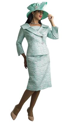 Lily and Taylor 4648 2 piece Jacquard Skirt Suit Colors: Gold/Ivory, Lavender/Silver, Mint/Silver, Silver/Silver Sizes: 4, 6, 8, 10, 12, 14, 16, 18, 20, 22, 24 Matching Hat: H383 Mint H394 Gold H399 Silver H927 Lavender Call (469)571-3647 or email DivasDenFashion@gmail.com to purchase hat Suit Colors, Jacquard Skirt, Matching Hat, Skirt Suit, Lavender, Lily, Mint, Blazer, Skirt