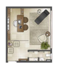 an overhead view of a living room and dining area in a small space with furniture