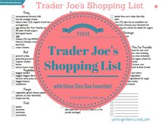 the trader joe's shopping list is shown in blue and pink, with an orange circle