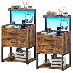 two wooden drawers with headphones on top and an alarm clock in the middle, sitting next to each other