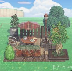 an animated image of a patio with potted plants and umbrellas on the table