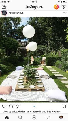 an outdoor table with balloons and plates on it in the middle of a lawn area