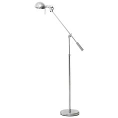 a white floor lamp with a chrome base and an arm that has a light on it