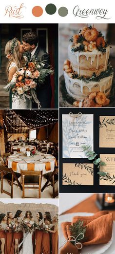 wedding color palettes for fall and winter with orange, green, gold, and white