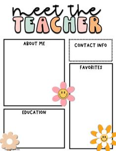 a teacher's workbook with flowers and the words, meet the teacher about me