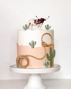 there is a cake decorated with cactus and a cow on the top one has a rope around it