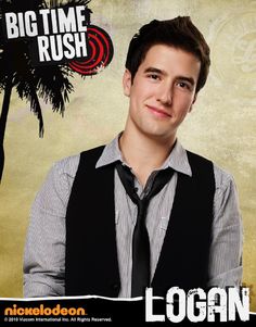 a young man wearing a black vest and tie in front of a palm tree with the words'big time rush'written on it