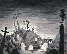 a black and white drawing of people on top of a hill with crosses in it