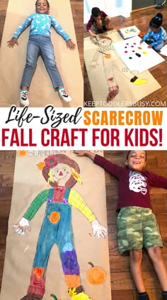 two children laying on the floor with their drawings and text overlay that says life - sized scarecrow fall craft for kids