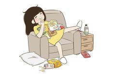 a woman sitting on a couch eating food and condiments in front of her