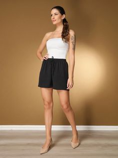 Preto Casual,elegante,Festa Collar  Tecido Simples Parachute Embellished Elasticidade Baixa Primavera / Verão / Outono Womens Shorts