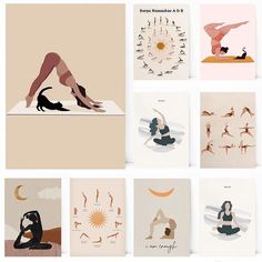 there are many different types of yoga cards on this page, each with an individual's silhouette