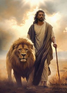 jesus walking with a lion in the desert