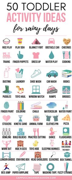 the 50 toddler activities for rainy days are shown in pink, blue and green