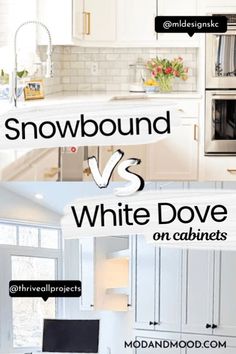 a kitchen with white cabinets and an oven in the middle, snowbound vs white dove on cabinets