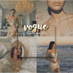 a woman in a white dress standing next to a chandelier and mirror with the words voggie on it