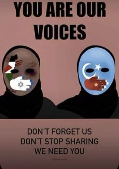 two people wearing masks with the words you are our voices don't forget us don't stop sharing we need you