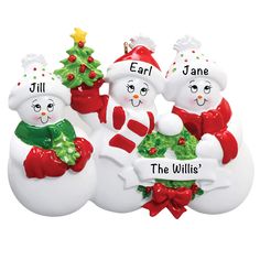 three snowmen with christmas decorations on their heads, one holding an ornament