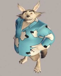 an animal dressed in a blue shirt with black spots on it's chest and legs