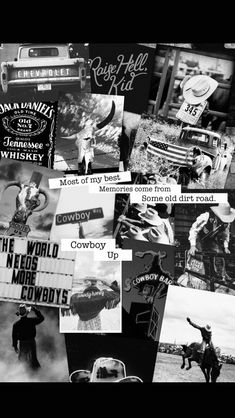 black and white collage of old movie posters with cowboy up written on the side