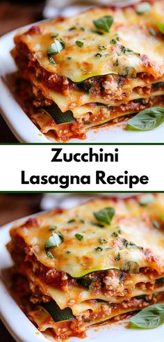 two pictures of zucchini lasagna stacked on top of each other