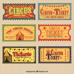 four circus ticket designs with different colors and patterns on the front, one in red, one in blue