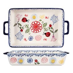 two serving dishes with flowers and ladybugs on them, one is blue and the other is white