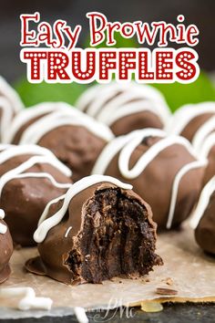 chocolate truffles with white icing on top and the words easy brownie truffles