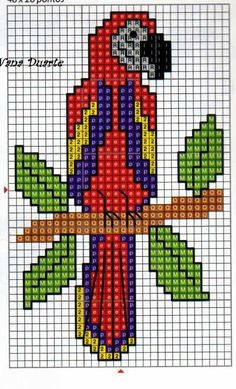 a cross stitch pattern with a colorful bird on it