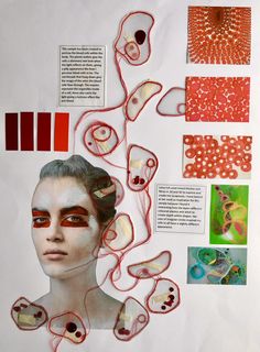 a woman's face is surrounded by red and white beads, which are connected to different shapes