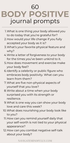 body positive journal prompts Journal Prompts For Self Acceptance, Journal Prompts Body Image, Self Acceptance Journal Prompts, Journal Prompts For Body Image, Recovery Prompts, Positive Journal Prompts, Therapist Tips, Positive Journal