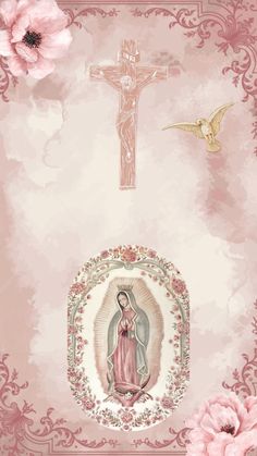 an image of the virgin mary with pink flowers and a cross in the background photo