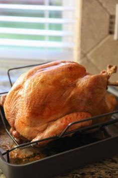 a roasted turkey in a roasting pan on a counter